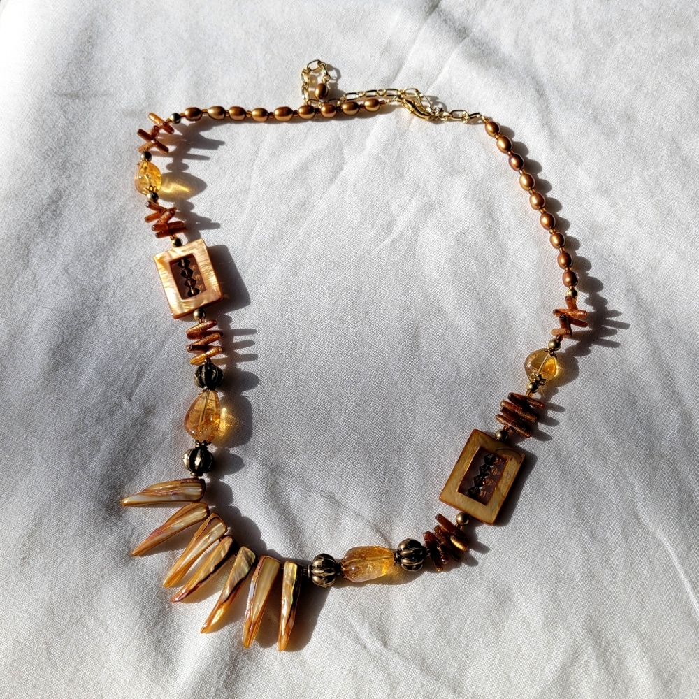 Abalone, Amber, Pearl, Crystal, & Coral Necklace